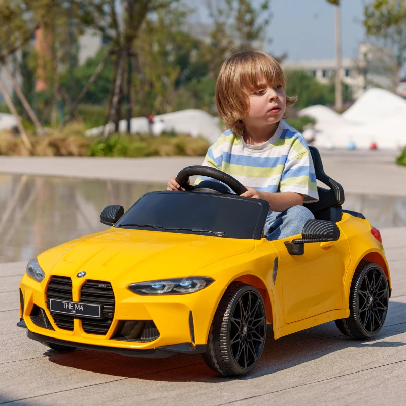 Qaba BMW M4 Licensed 12V Ride on Car, Kids Car w/ Remote Control, Suspension, Handle Attachment, LED Lights, Music, Yellow