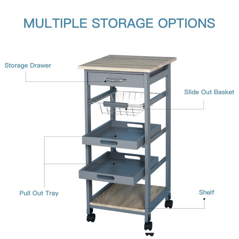 HOMCOM Mobile Kitchen Cart, Rolling Kitchen Island with Storage, Utility Cart with Wire Fruit Baskets, Trays and Drawer, Gray