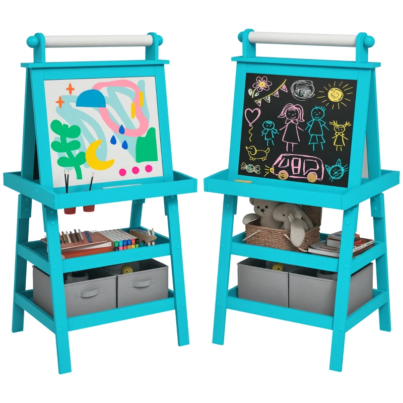 Qaba Double Sided Easel for Kids, Standing Toddler Easel with Paper Roll, Magnetic Whiteboard, Chalkboard & Storage, Blue