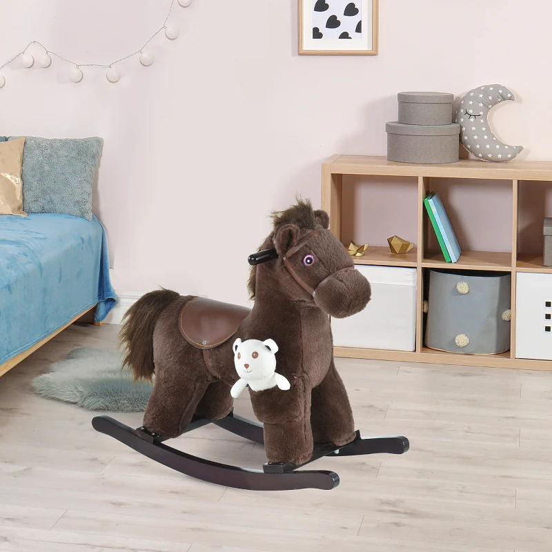 Qaba Kids Rocking Horse Plush Animal on Wooden Rockers with Sounds, Wooden Base and Bear Toy, Baby Rocking Chair, Brown