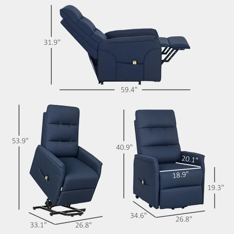 HOMCOM Power Lift Chair for Elderly, Fabric Recliner Sofa with Remote Control, Side Pockets, Quick Assembly, Deep Blue
