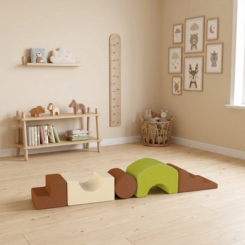 Qaba Toddlers Climbing Toys, 5 Pieces Foam Climbing Blocks with Non-Slip Bottom, Washable Cover for Crawling or Building