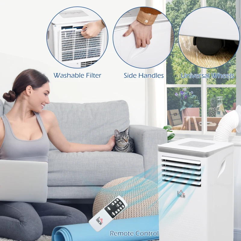 HOMCOM 8000 BTU Portable Air Conditioner for Rooms Uo to 344 Sq.Ft., 4-in-1 Mobile AC Unit with Dehumidifier, Cooling Fan, Sleep Mode, Remote, 24H Timer, Window Installation Kit, White