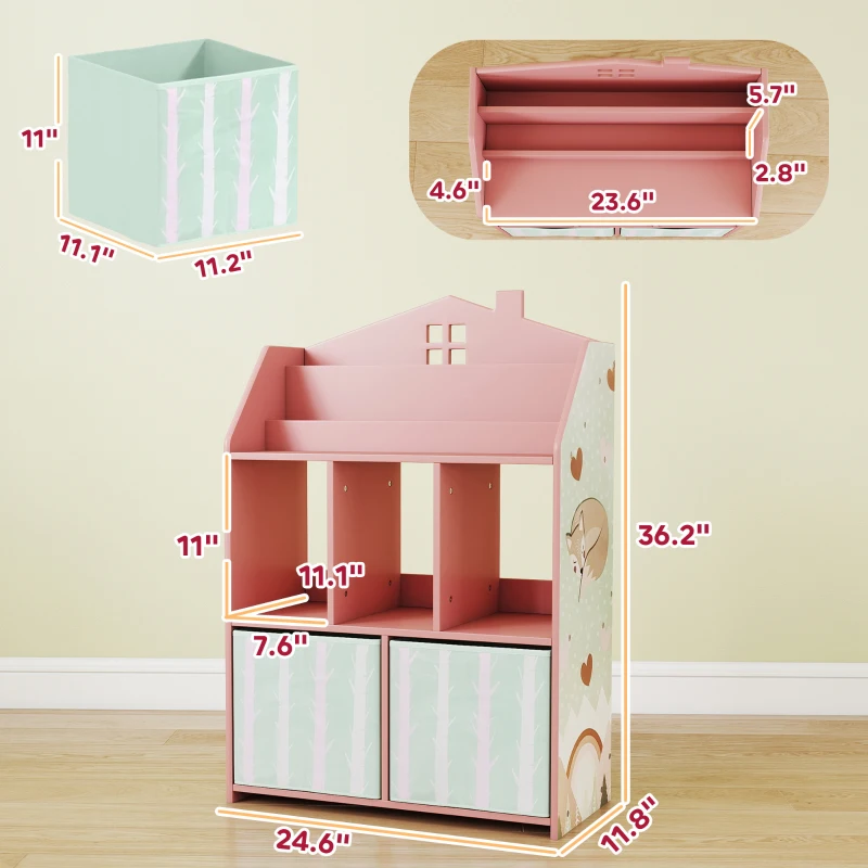 Qaba Kids Bookshelf with Storage, Toy Storage Unit with Book Display, Shelves and Fabric Drawers for Playroom Nursery, Pink