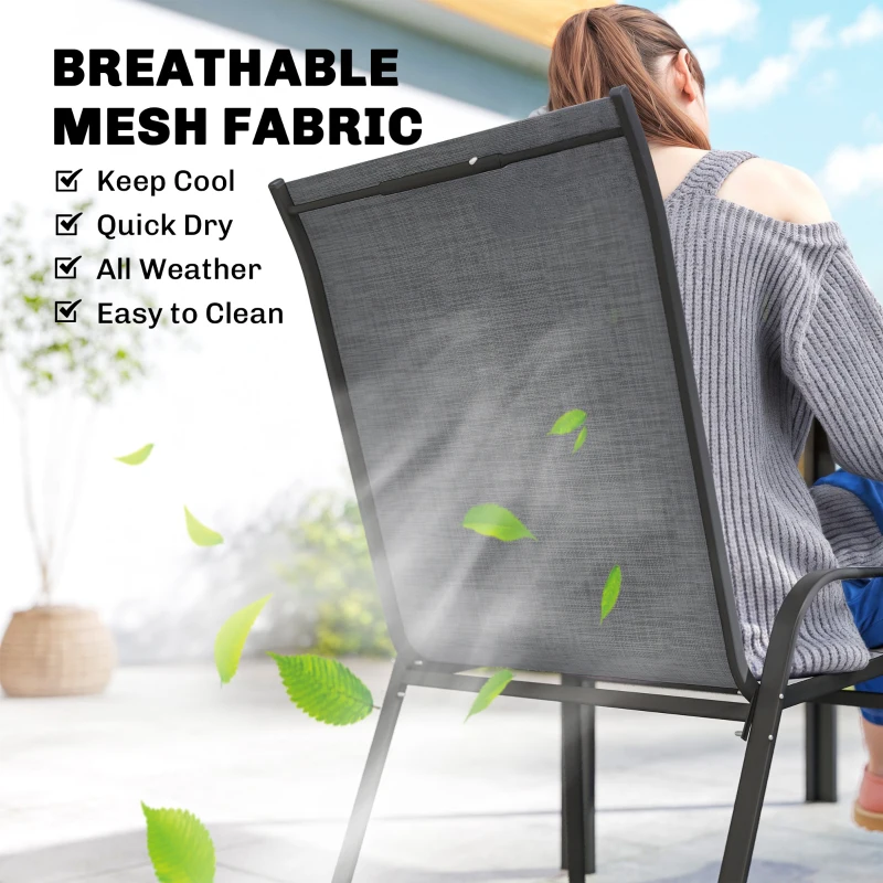 Outsunny Outdoor Dining Set for 6, Faux Wood Metal Patio Table and Mesh Stackable Chairs with Umbrella Hole, Mixed Grey
