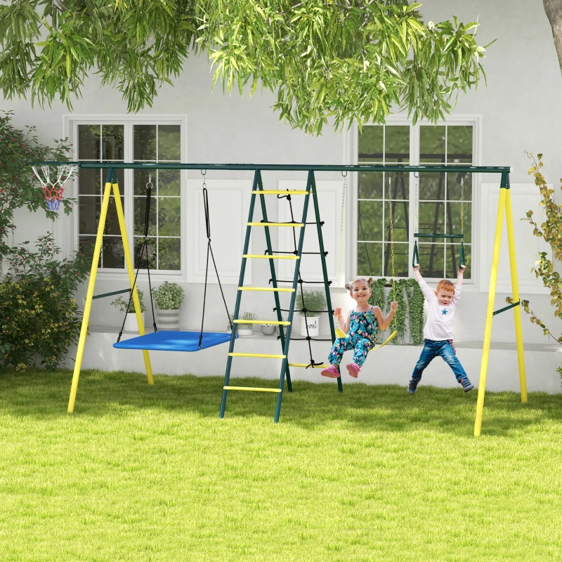 Outsunny Metal Swing Set for Backyard 5 in 1 Design Holds up to 440 lbs. for Ages 3-8, Yellow