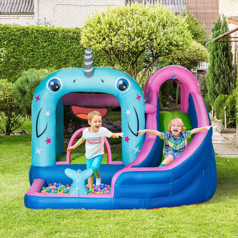 Outsunny 5-in-1 Inflatable Water Slide, Narwhal Theme Bounce House with Climbing Wall, Water Cannon, Water Pool, Trampoline, Repair Patch and 450W Air Blower