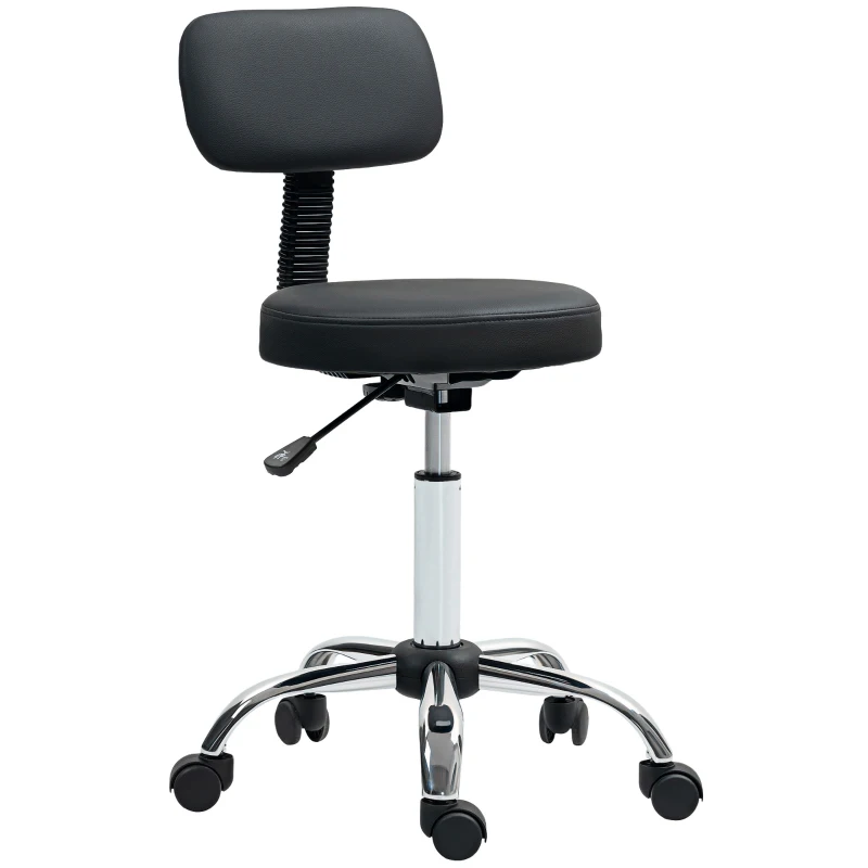 HOMCOM Adjustable Rolling Stool with Removable Backrest, Faux Leather Swivel Stool Chair for Salon Spa, Bar, Massage, Black