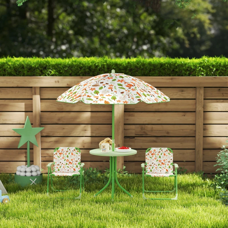 Qaba Kids Picnic Table and Chair Set, Outdoor Activity Table with Foldable Chairs, Removable Umbrella for Backyard, Green