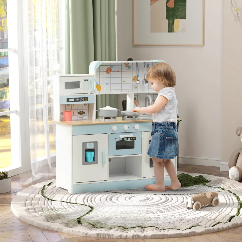 Qaba Play Kitchen, Kids Kitchen Playset with Coffee Machine, Ice Maker, Stove, Microwave, Oven, Sound & Lights