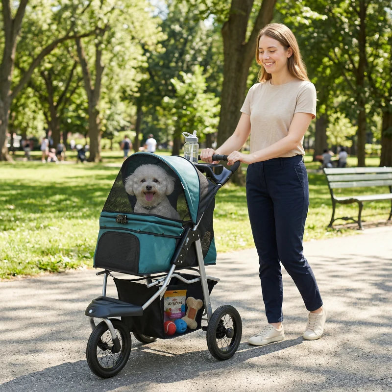 PawHut Dog Stroller, Foldable Dog Stroller with 12" Rubber Wheels for Small Dogs, Up to 22 LBS, Dark Green