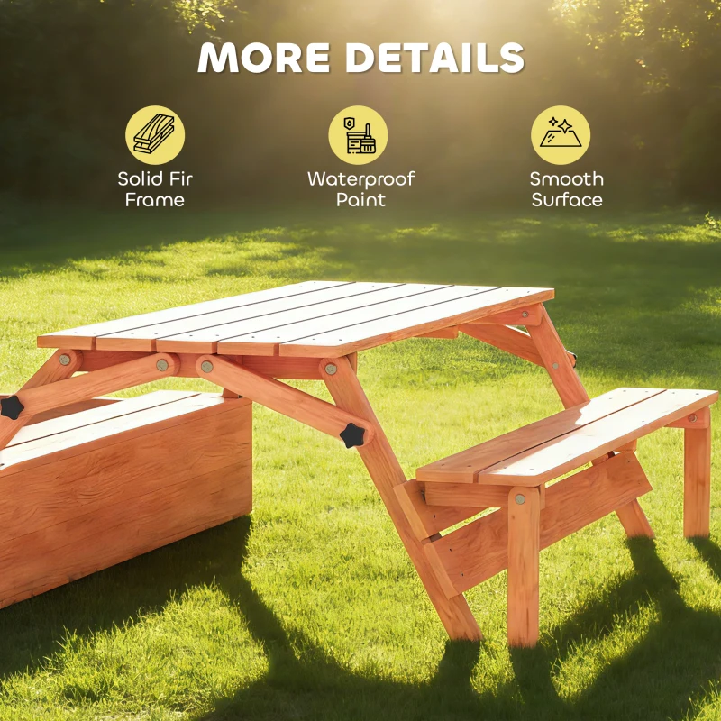 Qaba Kids Sandbox with Lid, Wooden Sand Pit with Canopy, Foldable Picnic Table, Bench Seats, Bottom Liner, Cover, Brown