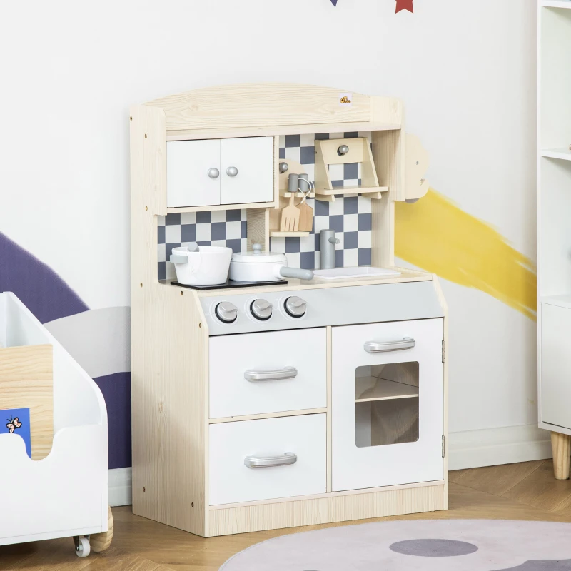 Qaba Kids Wooden Play Kitchen Set, Pretend Cooking Toy with Drawers, Faucet, Sink, Pots, Natural Wood
