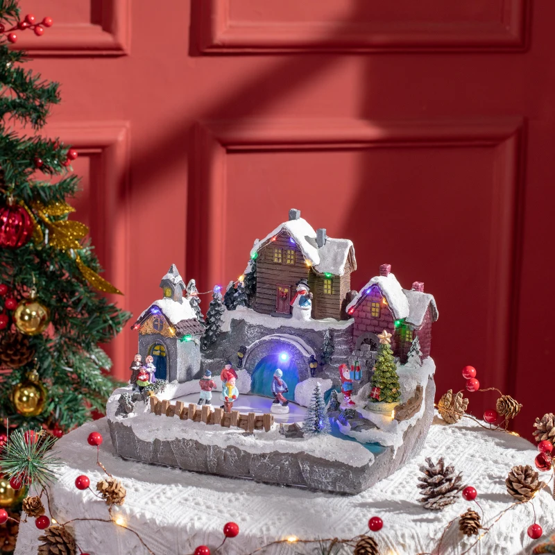 HOMCOM Christmas Village, Skating Pond Animated Winter Wonderland Set with Multicolored LED Light, Plug-In Christmas Decoration