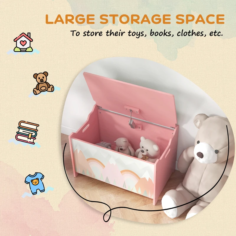 Qaba Toy Box with Lid and Kids Easel with Paper Roll, Blackboard, Whiteboard, Cute Fox Design, for Ages 3-8 Years, Pink