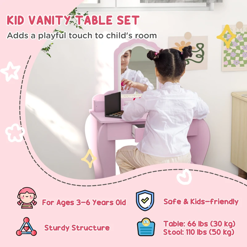 Qaba Makeup Vanity with Mirror and Stool, Cloud Design, Drawer, Storage Boxes, for 3-6 Years Old, Pink