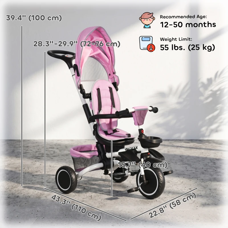 Aosom Tricycle for Toddler 6-in-1 Kids Trike, Foldable Converts Stroller to Baby Push Bike, Adjustable Backrest with Detachable Guardrail & Handle, Brake for 1-4 Years Old, Pink