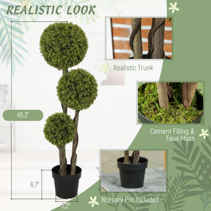 HOMCOM 45.3" Artificial Ball Boxwood Topiary Tree Fake Plant in Pot for Indoor Outdoor Living Room Decoration Green