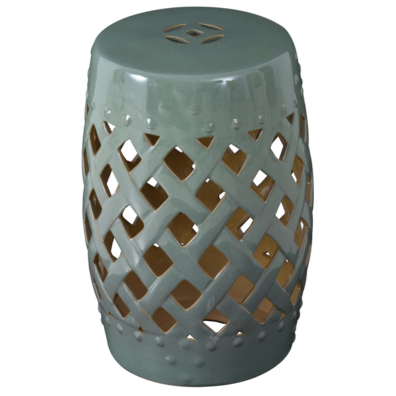 Outsunny 12.5" x 18" Ceramic Garden Stool with Woven Lattice Design & Glazed Strong Materials Decorative Outdoor Stool, Green
