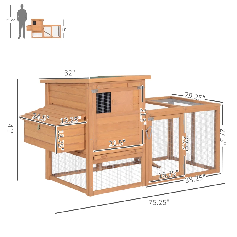 PawHut 75" Wooden Chicken Coop with Nesting Box, Outdoor Hen House with Removable Tray, Ramp, Run, Poultry Cage for Garden Backyard, Natural Wood