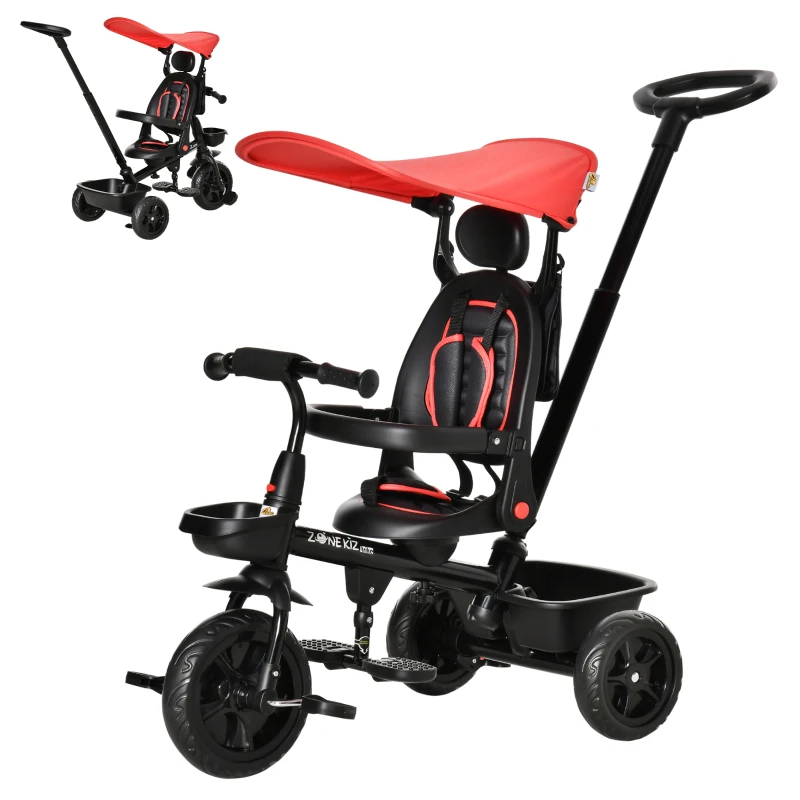 Qaba Kids Tricycle 5 In 1 Trike with Reversible Angle Adjustable Seat Removable Handle Canopy Handrail Belt Storage Footrest Brake Clutch for 1-5 Years Old Red