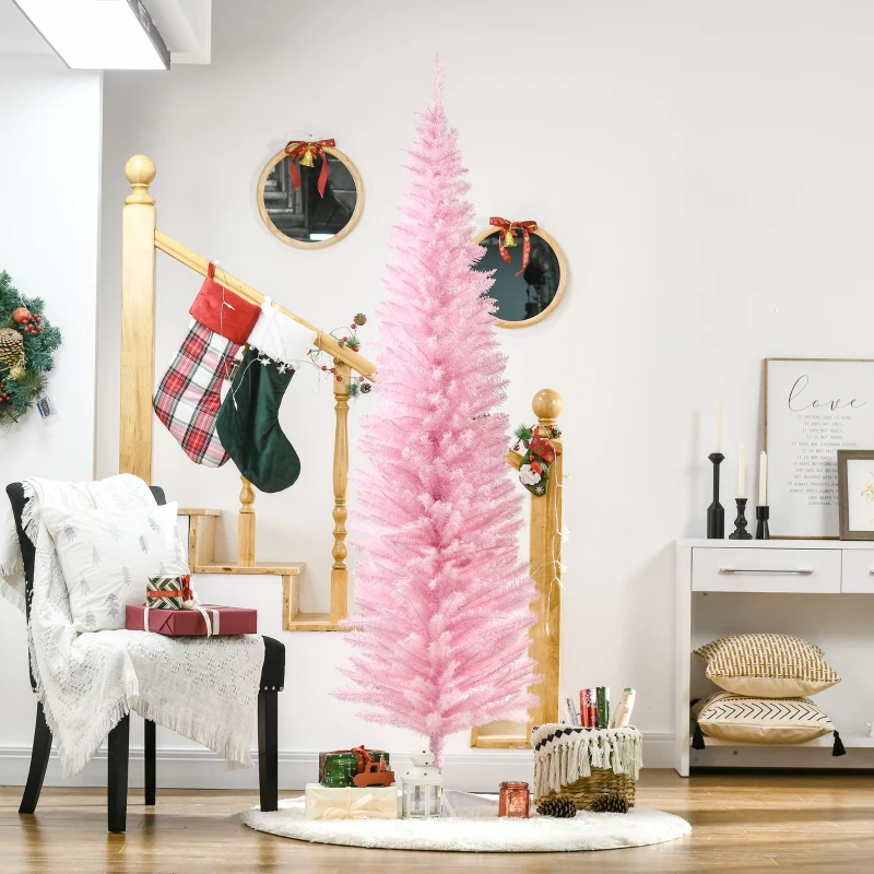 HOMCOM 7ft Unlit Pencil Artificial Christmas Tree with Realistic Branches and 499 Tips, Plastic Base, Pink