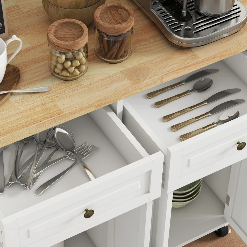 HOMCOM Kitchen Island on Wheels, Rolling Cart with Rubberwood Top, Spice Rack, Towel Rack and Drawers, Cream White