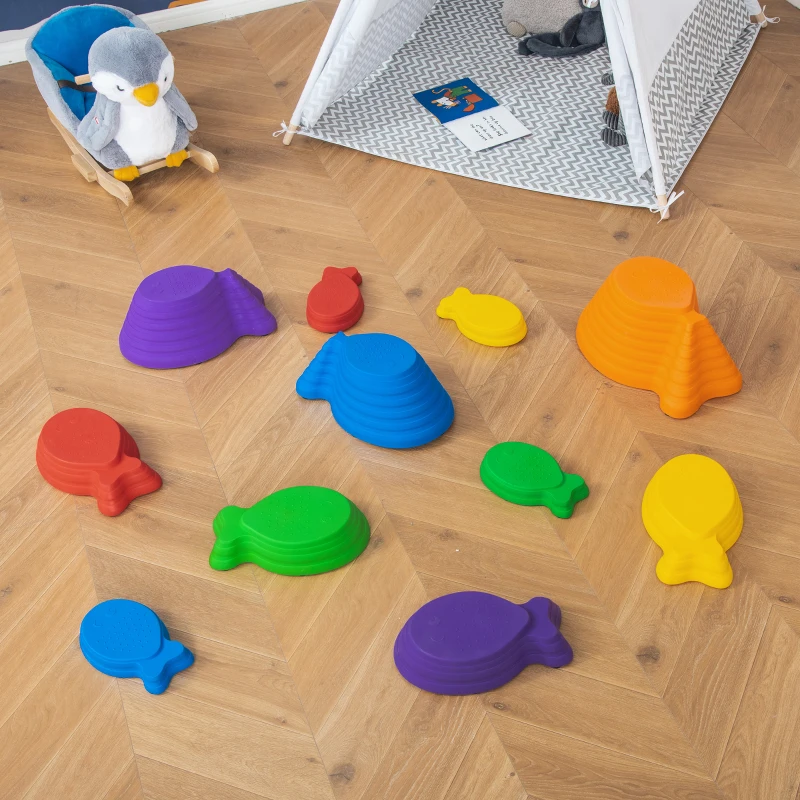 Outsunny 11pcs Balance Stepping Stones for Kids, Fish Style Non-slip Obstacle Course, Larger Size Stackable Balance Blocks Indoor Outdoor