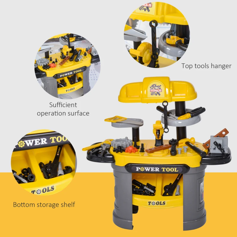 Qaba Play Toy Workbench for Kids 64 Pieces Tools Plus Case Storage Shelf  Construction Tool Accessories Playset Construction Pretend Play Toy Kit Yellow Grey