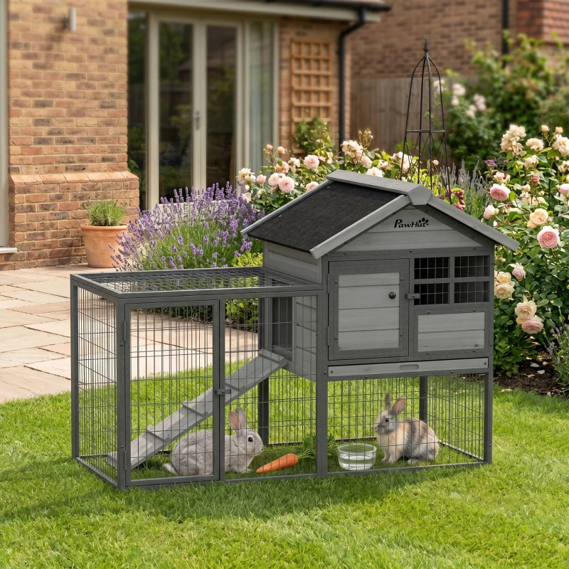 PawHut Rabbit Hutch Outdoor, 48"L Large Wooden Bunny Cage with Run, Grey