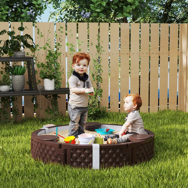 Qaba 47" Round Kids Sandbox with Cover, 3 Seats, Waterproof Bottom Liner, for Backyard, Lawn, Garden, Beach, Patio, Brown