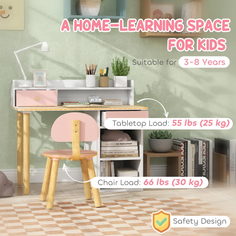 Qaba Kids Study Table and Chair Set, Kids Desk and Chair Set w/ Storage and Shelves, for 3-8 Year Old, Pink