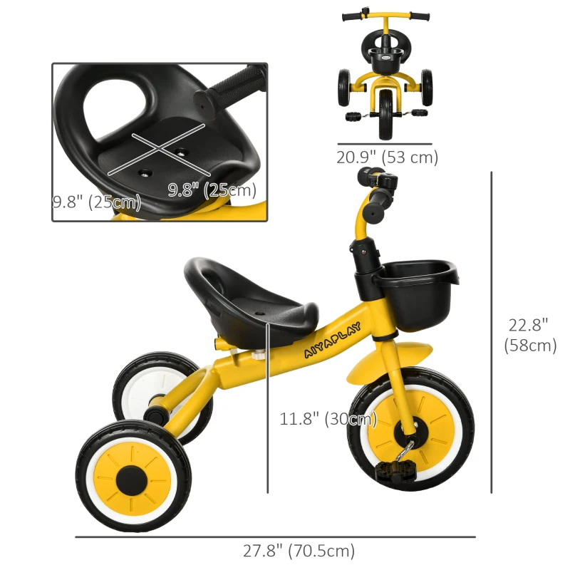 Qaba Tricycle for Toddler 2-5 Year Old Girls and Boys, Toddler Trike with Adjustable Seat, Basket, Bell, Yellow