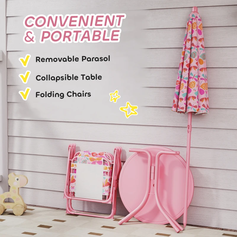 Qaba Kids Picnic Table and Chair Set, Outdoor Table with Foldable Chairs, Removable Umbrella, Pink