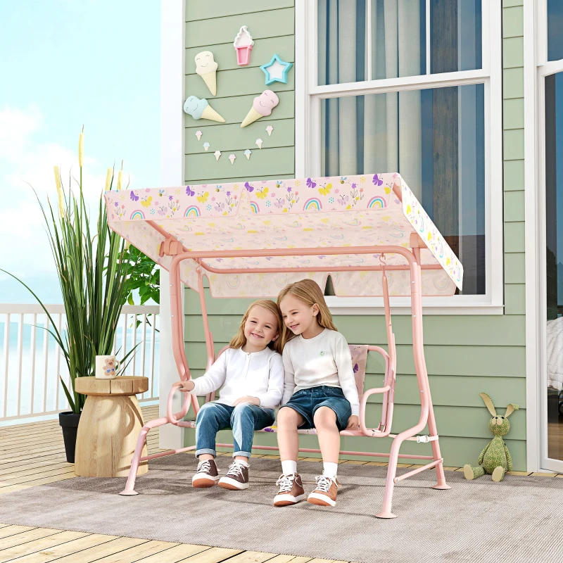Qaba Kids Patio Swing Chair with Adjustable Canopy, Safety Belt for Patio, Garden, Poolside, Balcony, Pink