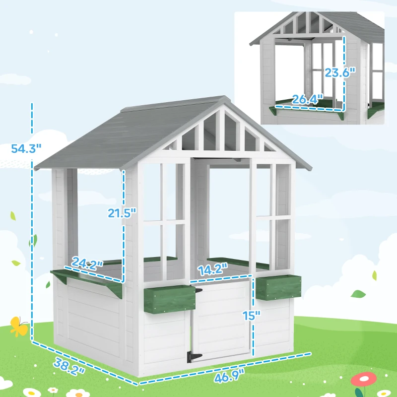 Outsunny Kids Wooden Playhouse, Outdoor Garden Games Cottage with Flowers Pot Holder, Working Door, Windows, White
