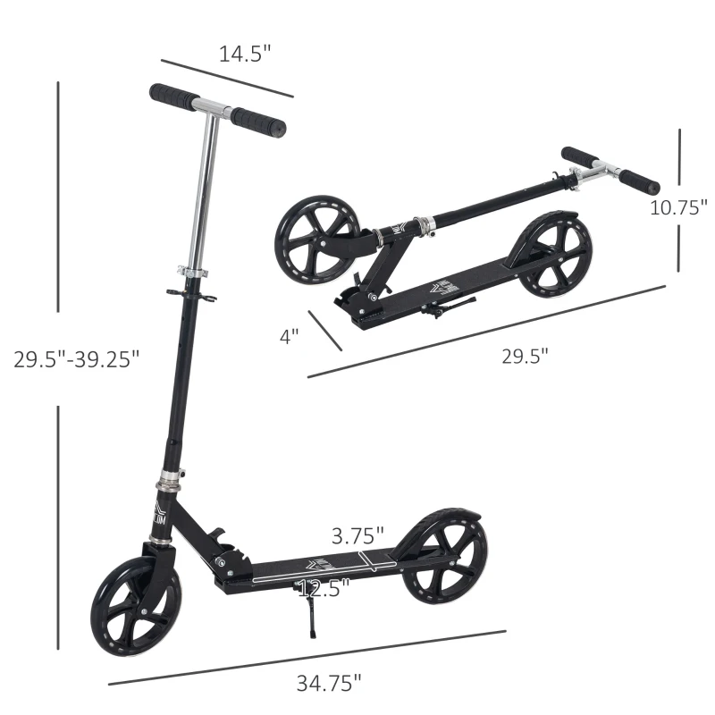 Aosom Kids Foldable Kick Scooter with Adjustable Height, Soft Textured Handles, Wide Deck, Brakes for Ages 7-14, 29.5" H - 39" H, Black