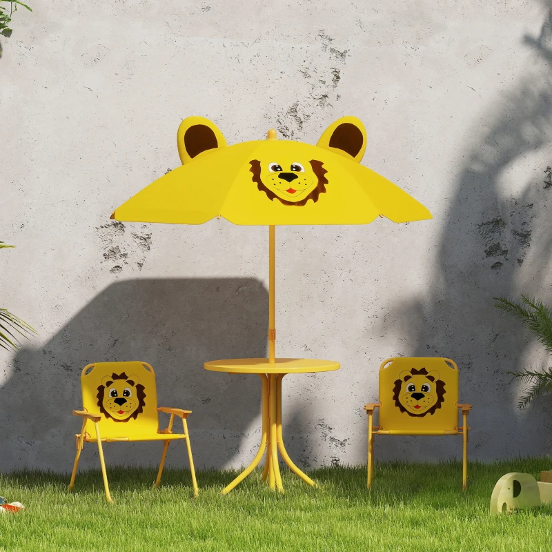 Qaba Kids Picnic Table and Chair Set, Outdoor Activity Table with Foldable Chairs, Height Adjustable Umbrella, Yellow