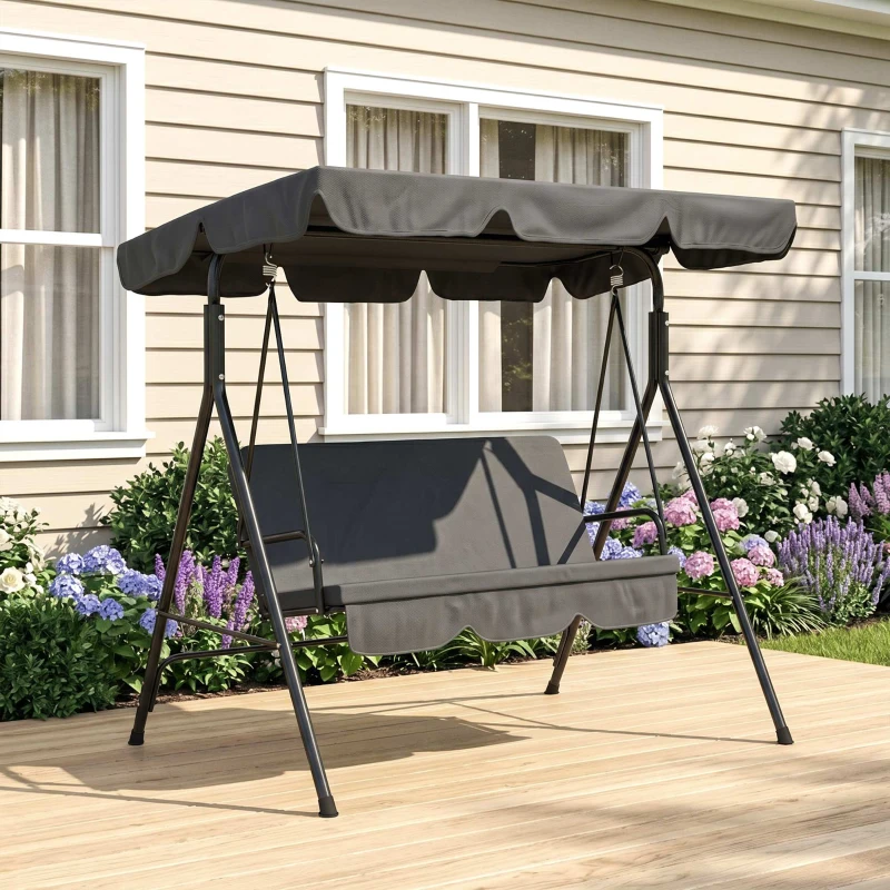 Outsunny 3-Seat Outdoor Patio Swing Chair w/ Cushion, Steel Frame Stand, Adjustable Tilt Canopy for Patio, Garden, Black