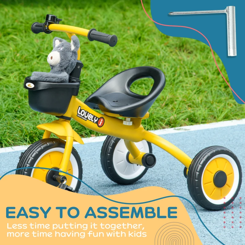 Qaba Tricycle for Toddler 2-5 Year Old Girls and Boys, Toddler Trike with Adjustable Seat, Basket, Bell, Yellow