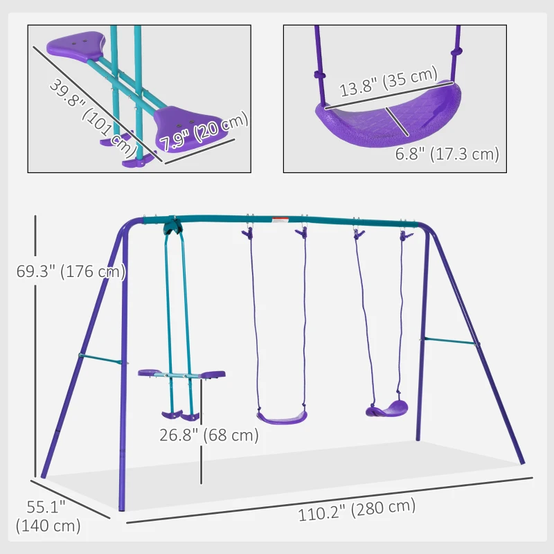 Outsunny 3 in 1 Metal Swing Set with Double Swings, Glider for Backyard, Outdoor, Playground, Purple