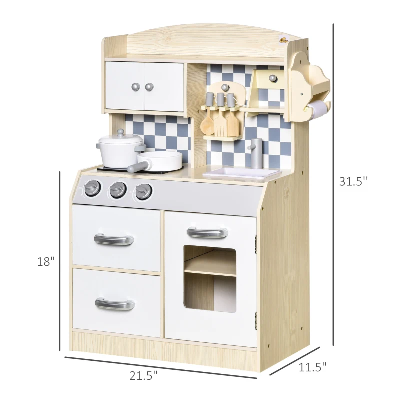 Qaba Kids Wooden Play Kitchen Set, Pretend Cooking Toy with Drawers, Faucet, Sink, Pots, Natural Wood
