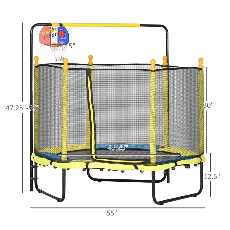 Qaba 4.6' Kids Trampoline with Basketball Hoop, Horizontal Bar, 55" Indoor Trampoline with Net, Yellow