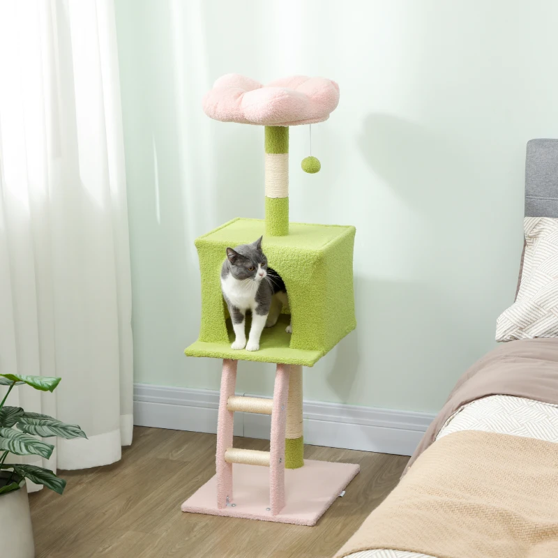 PawHut 48" Flower Cat Tree with Scratching Post, Cozy Bed, Condo, Climbing Ladder, Perch, Dangling Ball, Green