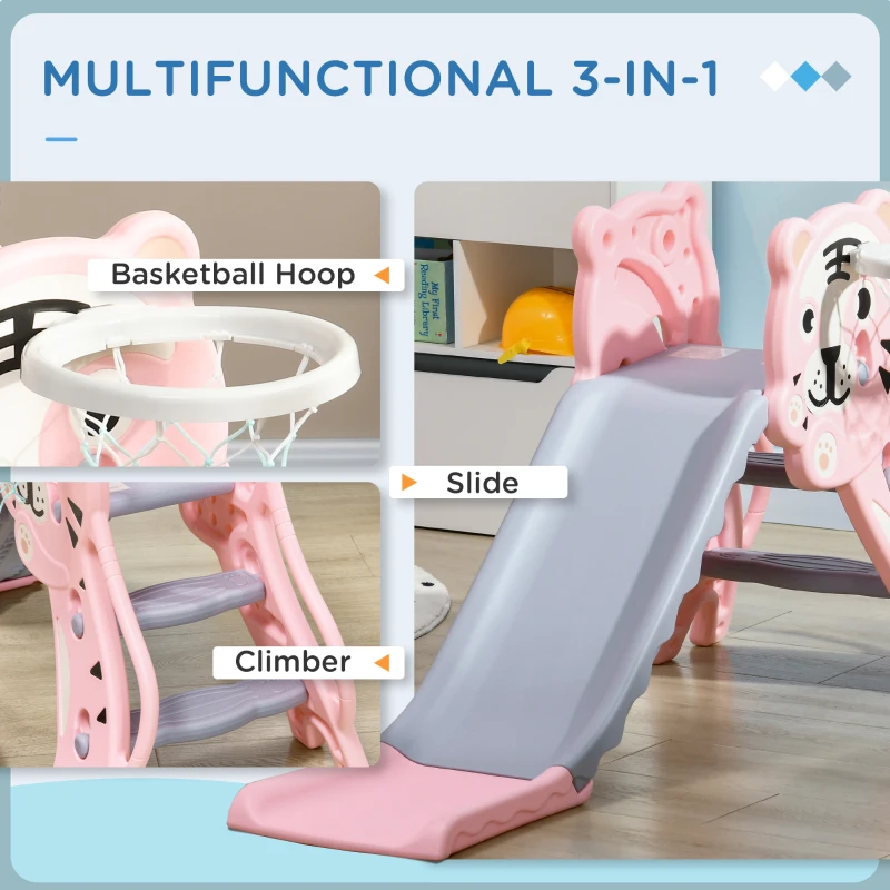 Qaba 3 in 1 Slide for Toddlers, Kids Slide Playset with Basketball Hoop, Climber, for 18-36 Months, Pink