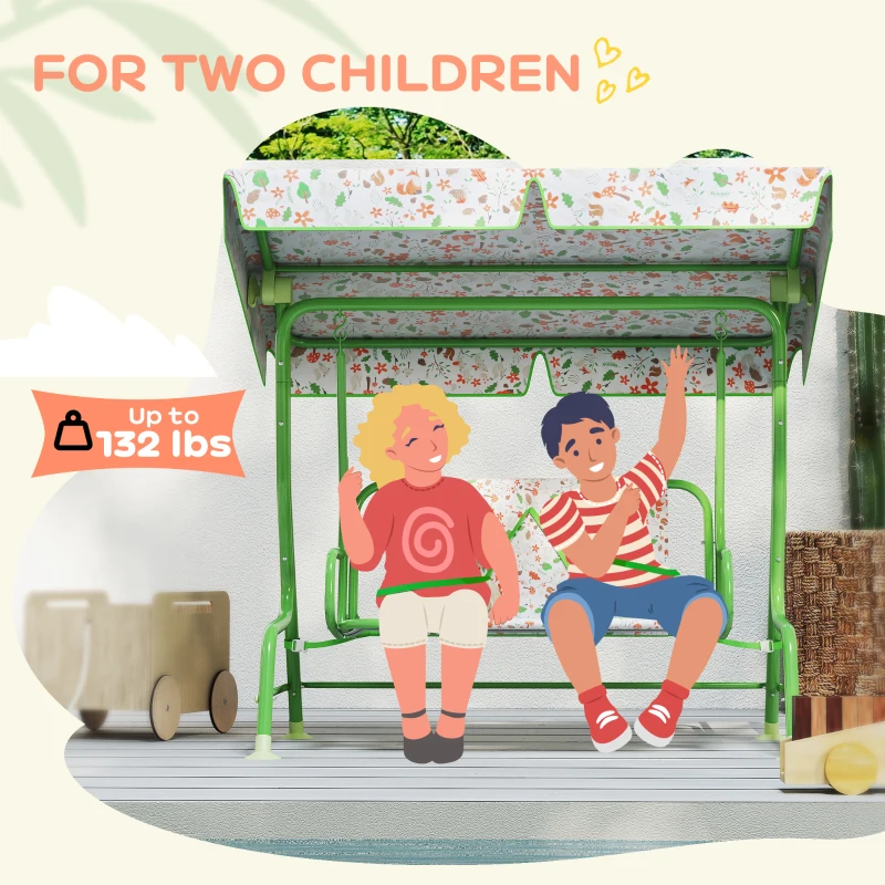 Qaba Kids Patio Swing Chair with Adjustable Canopy, Safety Belt for Patio, Garden, Poolside, Balcony, Green