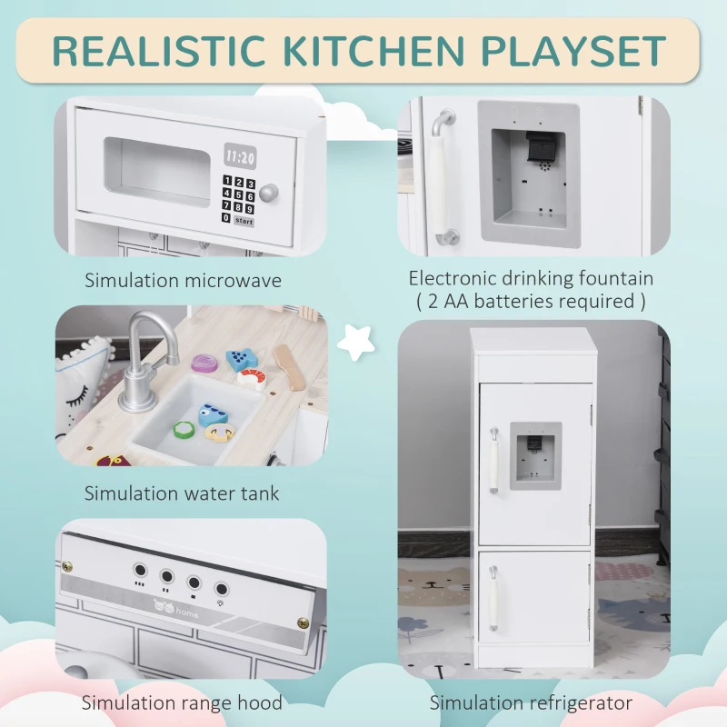 Qaba Corner Kids Kitchen Playset, Wooden Pretend Toy Kitchen Set with Drinking Fountain, Microwave, Fridge and Accessories, Pretend Play Kitchen for 3+ Years, White