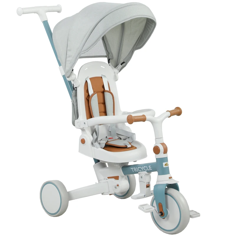 Qaba 9 in 1 Toddler Tricycle with Safety Harness, Adjustable & Removable Parent Handle, Canopy, Storage Bag, Brake, Blue