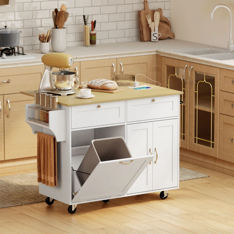 HOMCOM Kitchen Island Cart with Charging Station and Drop Leaf, Kitchen Island Table on Wheels with Trash Can Cabinet, White