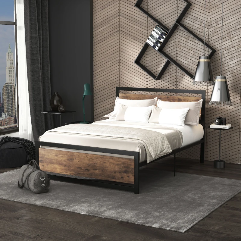 HOMCOM Full Bed Frame with Headboard & Footboard, Strong Metal Slat Support Bed Frame w/ Underbed Storage Space, No Box Spring Needed, 56.75''x76.75''x40.5''
